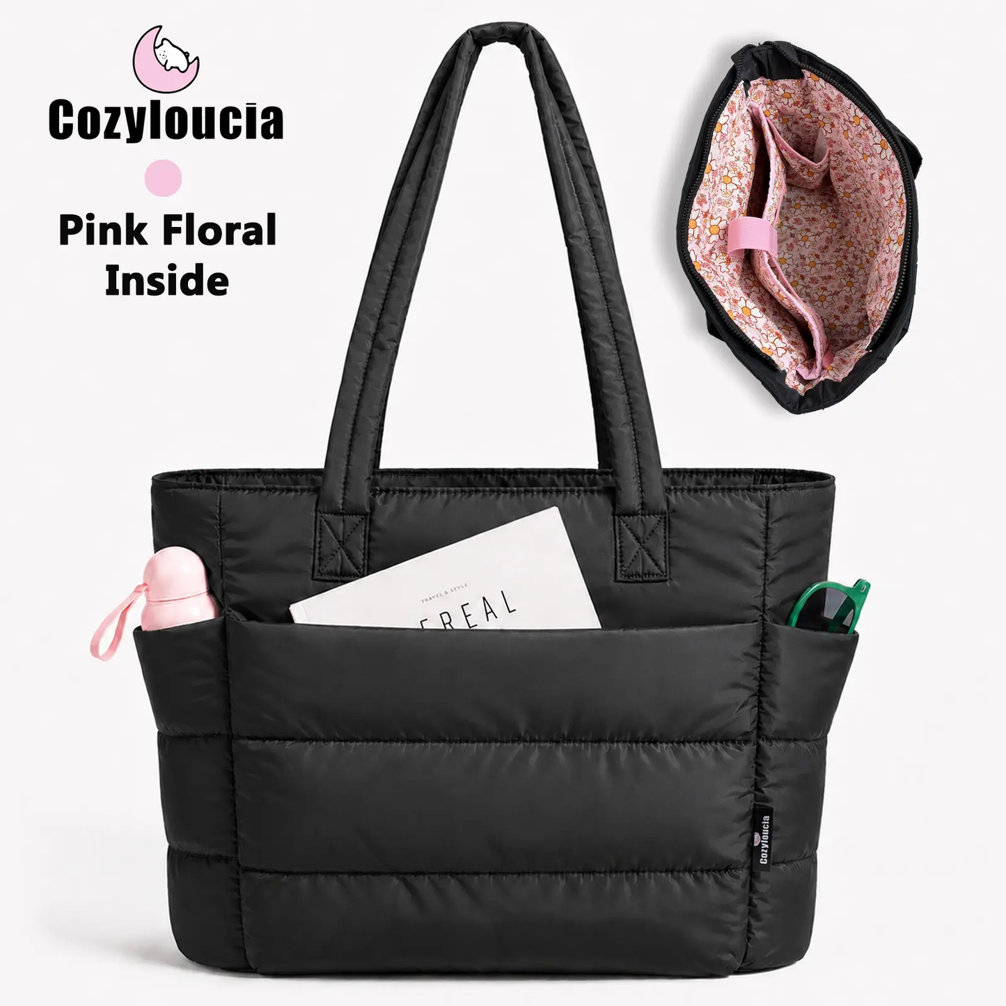 Women's Puffer Tote Bag in Pink Floral Print