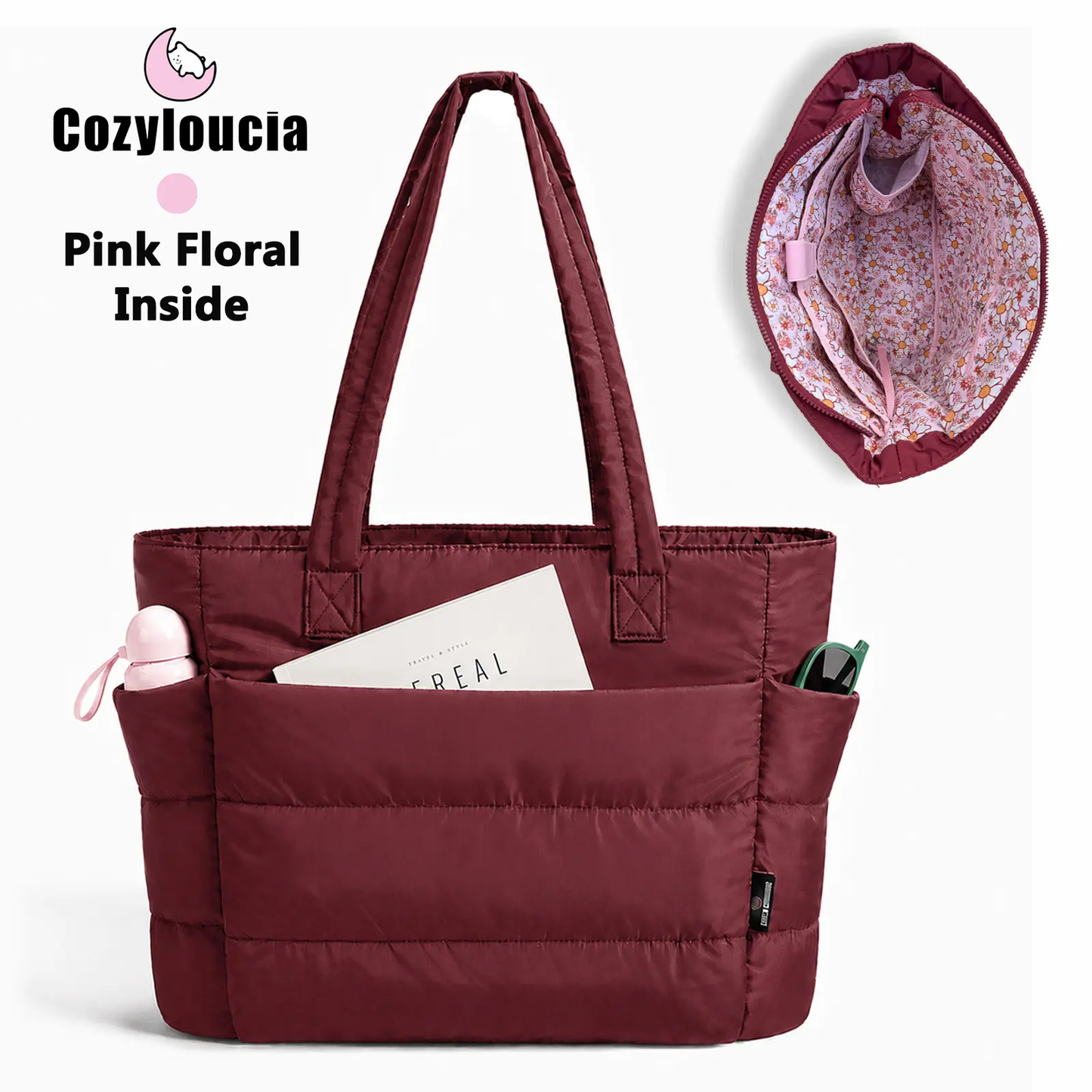 Women's Puffer Tote Bag in Pink Floral Print