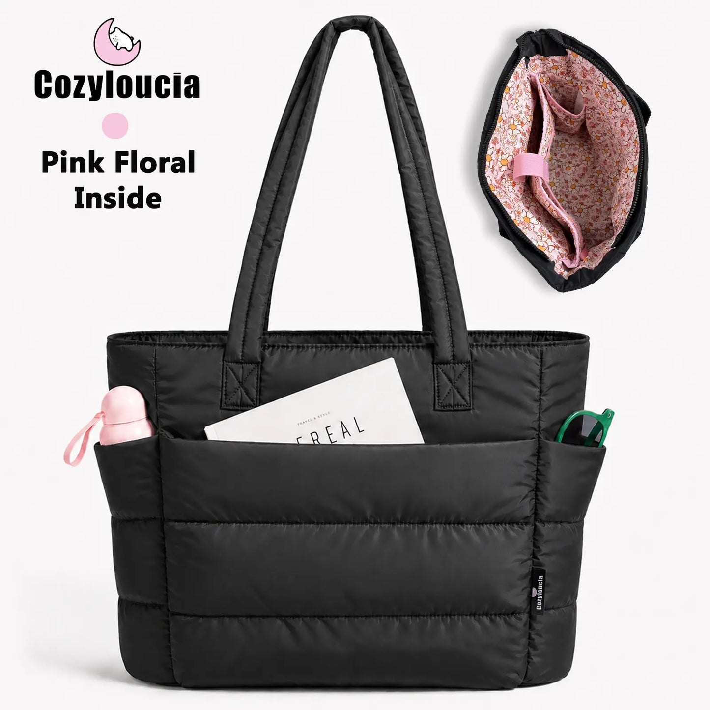 Women's Puffer Tote Bag in Pink Floral Print