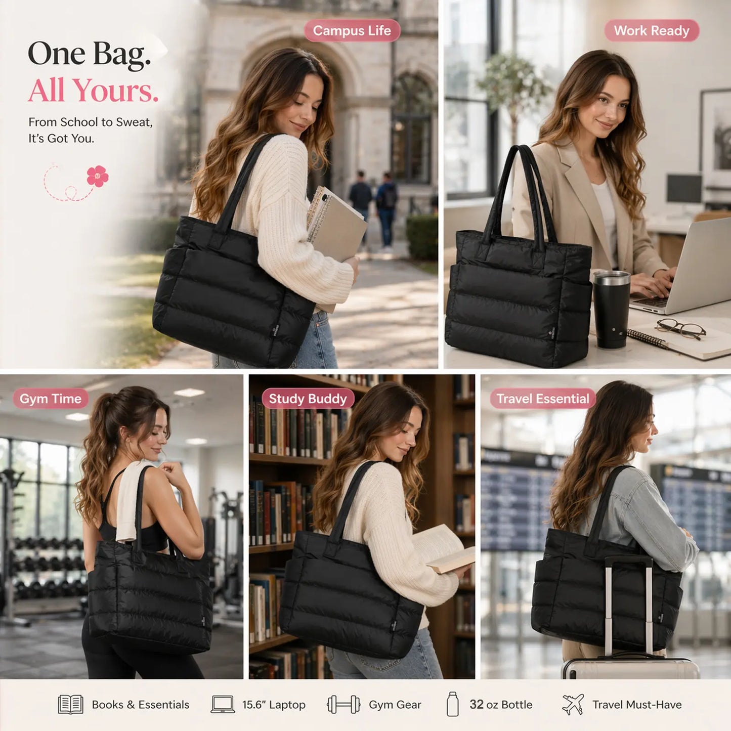 Women's Puffer Tote Bag in Pink Floral Print