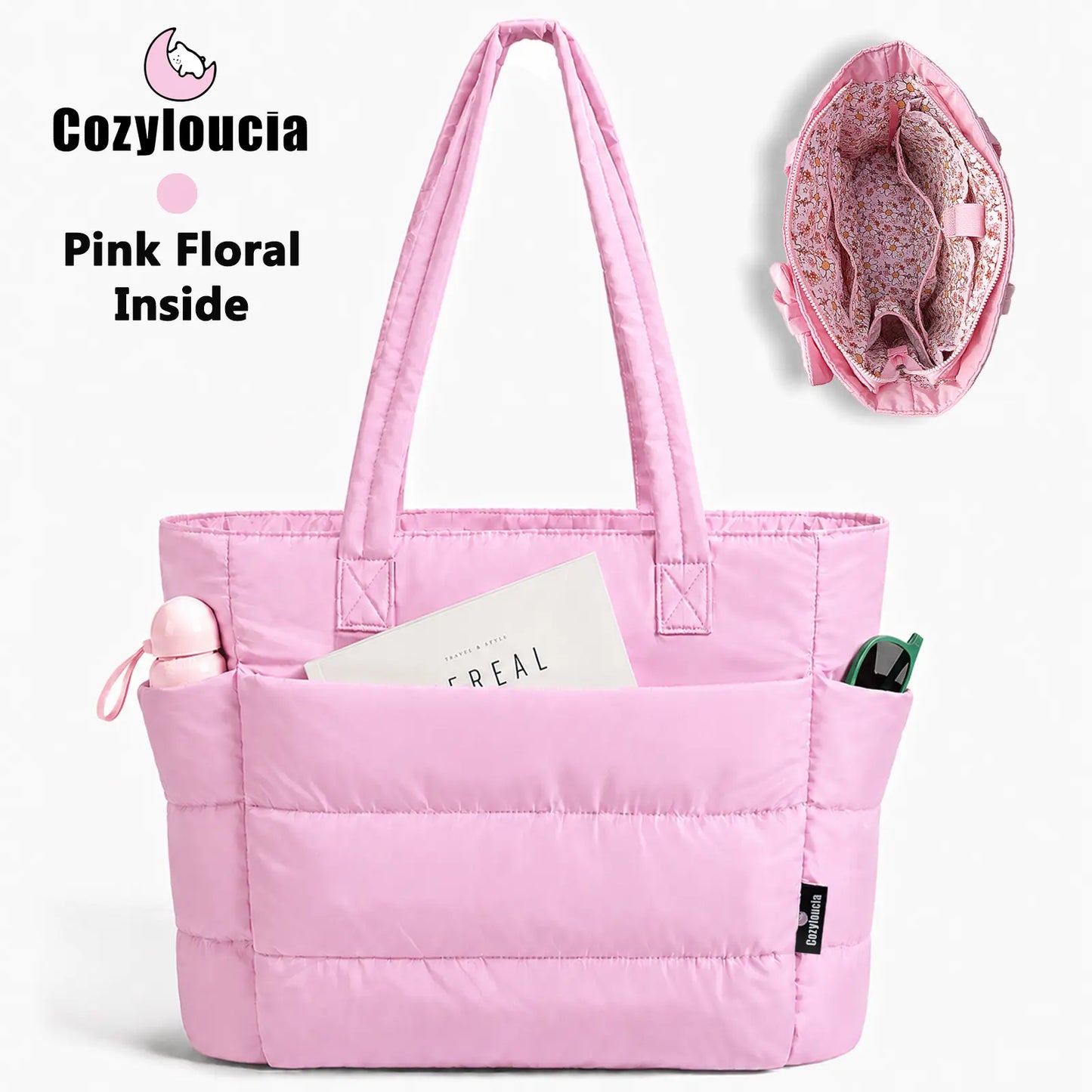 Women's Puffer Tote Bag in Pink Floral Print